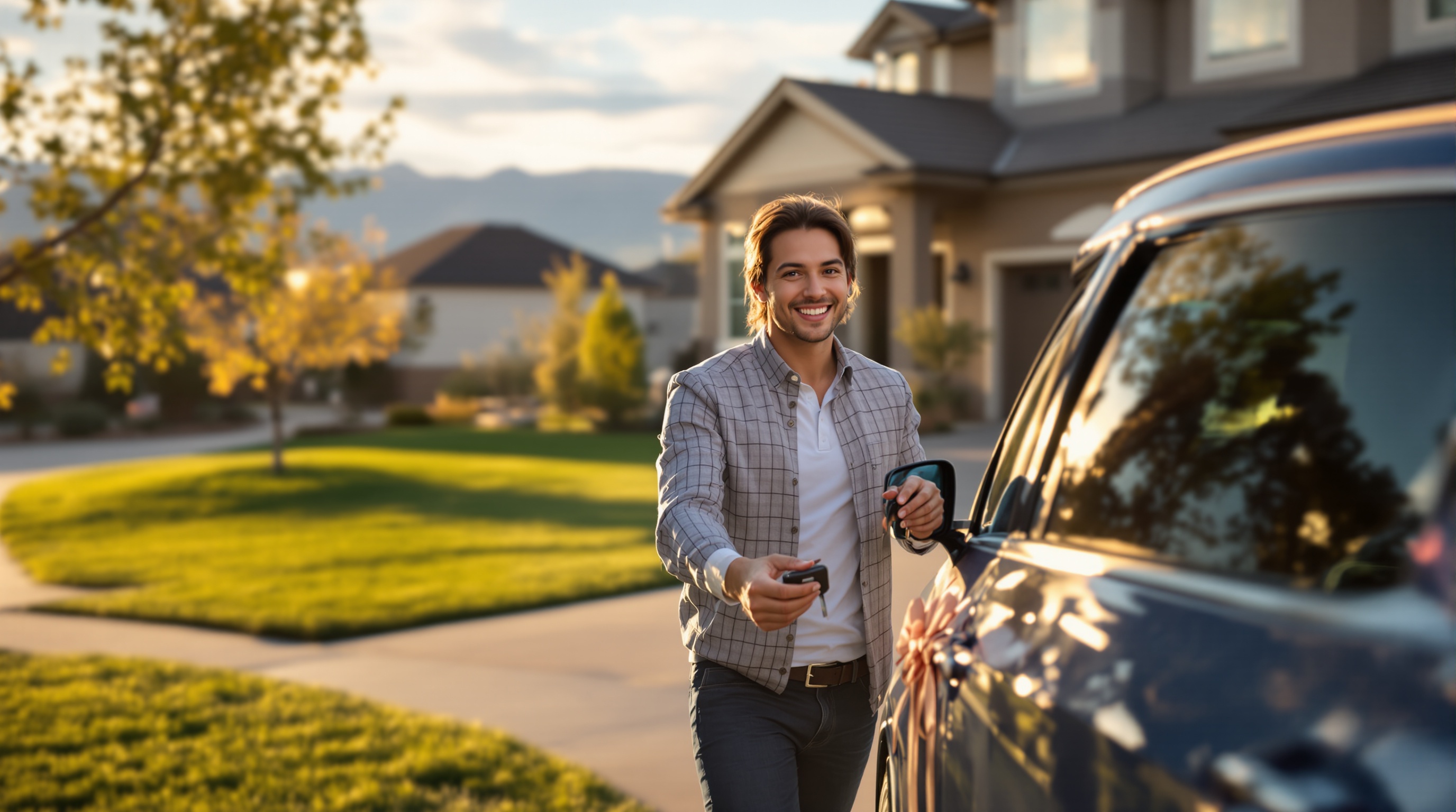 Happy customer receiving car keys in his driveway